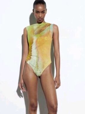 ZARA | SHEER MESH RUCHED BODYSUIT | SZ S | DRAPED TULLE | GREEN BROWN IVORY